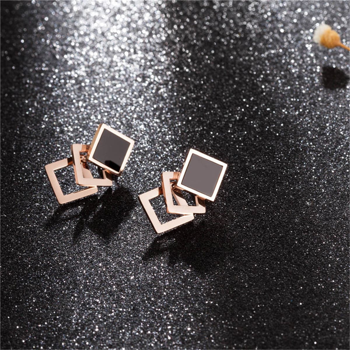 Black and 18K Rose Gold-Plated Overlapping Rhombus Stud Earrings, rose gold stud earrings for women, detail close-up