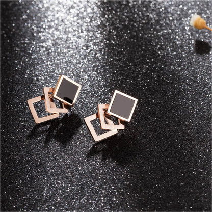 Black and 18K Rose Gold-Plated Overlapping Rhombus Stud Earrings, rose gold stud earrings for women, detail close-up