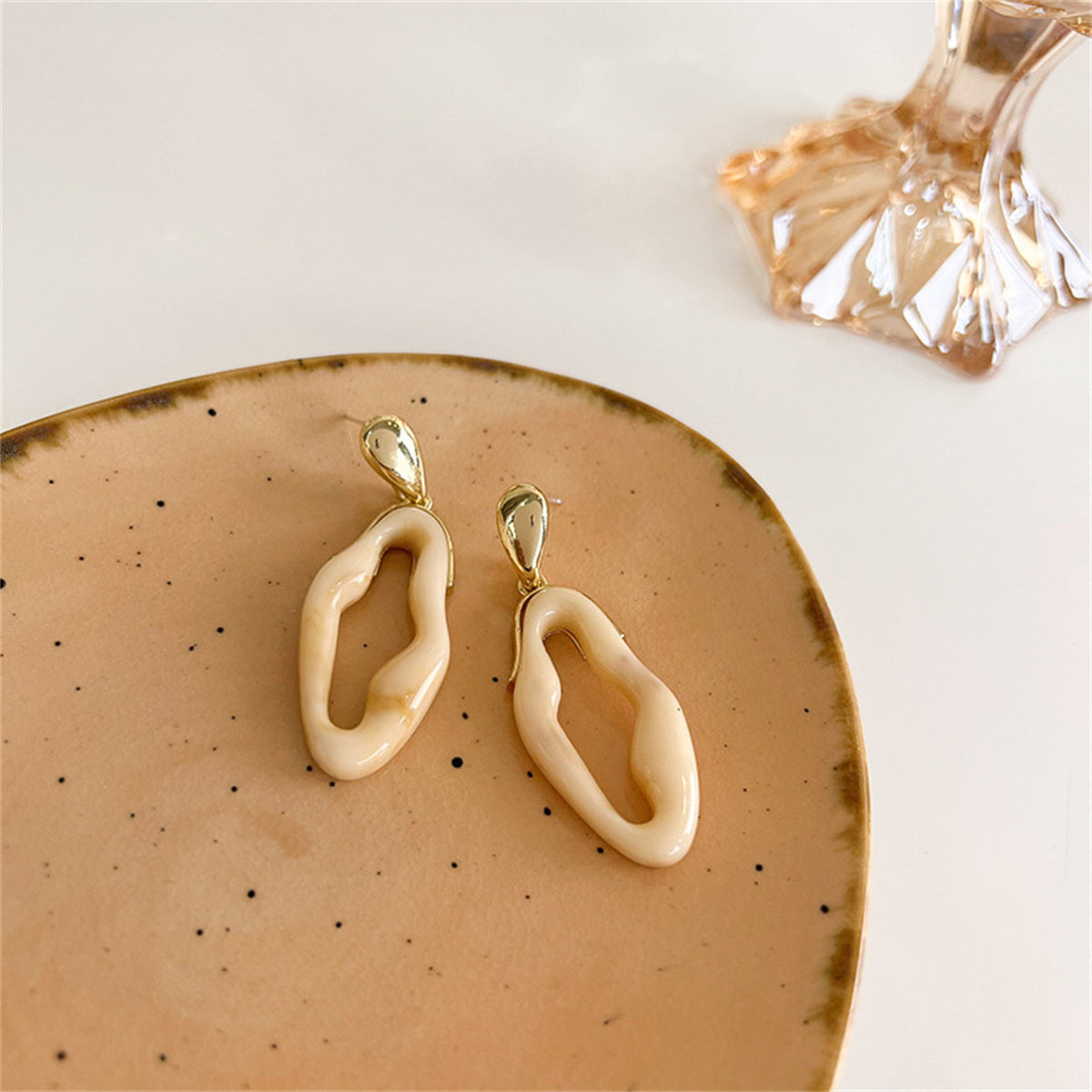 Cream Resin and 18K Gold-Plated Abstract Drop Earrings, gold drop earrings for women, botanical inspired, side view