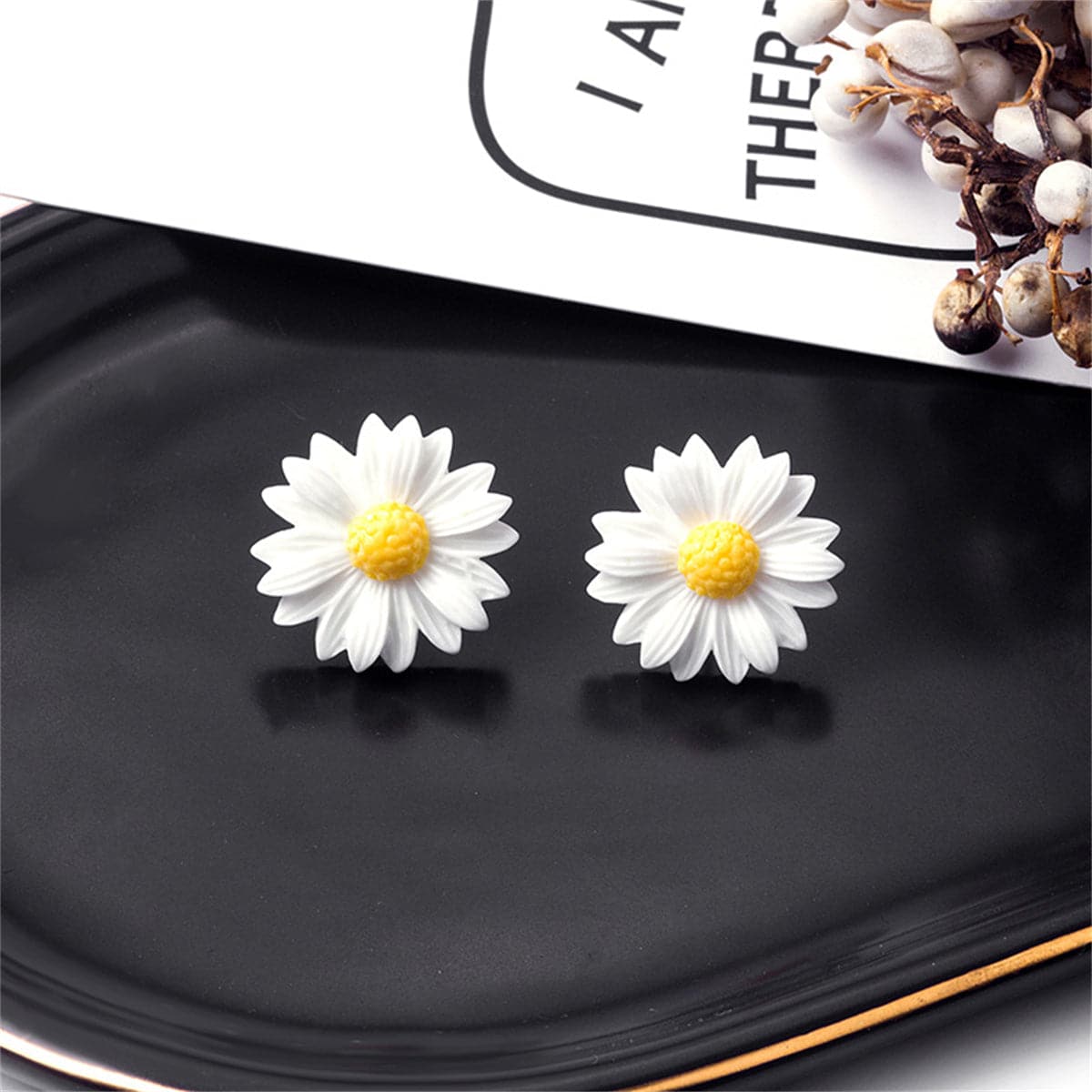 White Mum Flower Stud Earrings, stud earrings for women, dainty minimalist design, front view