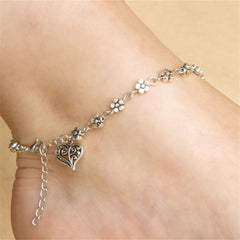 Silver-Plated Flower Station Heart Charm Anklet