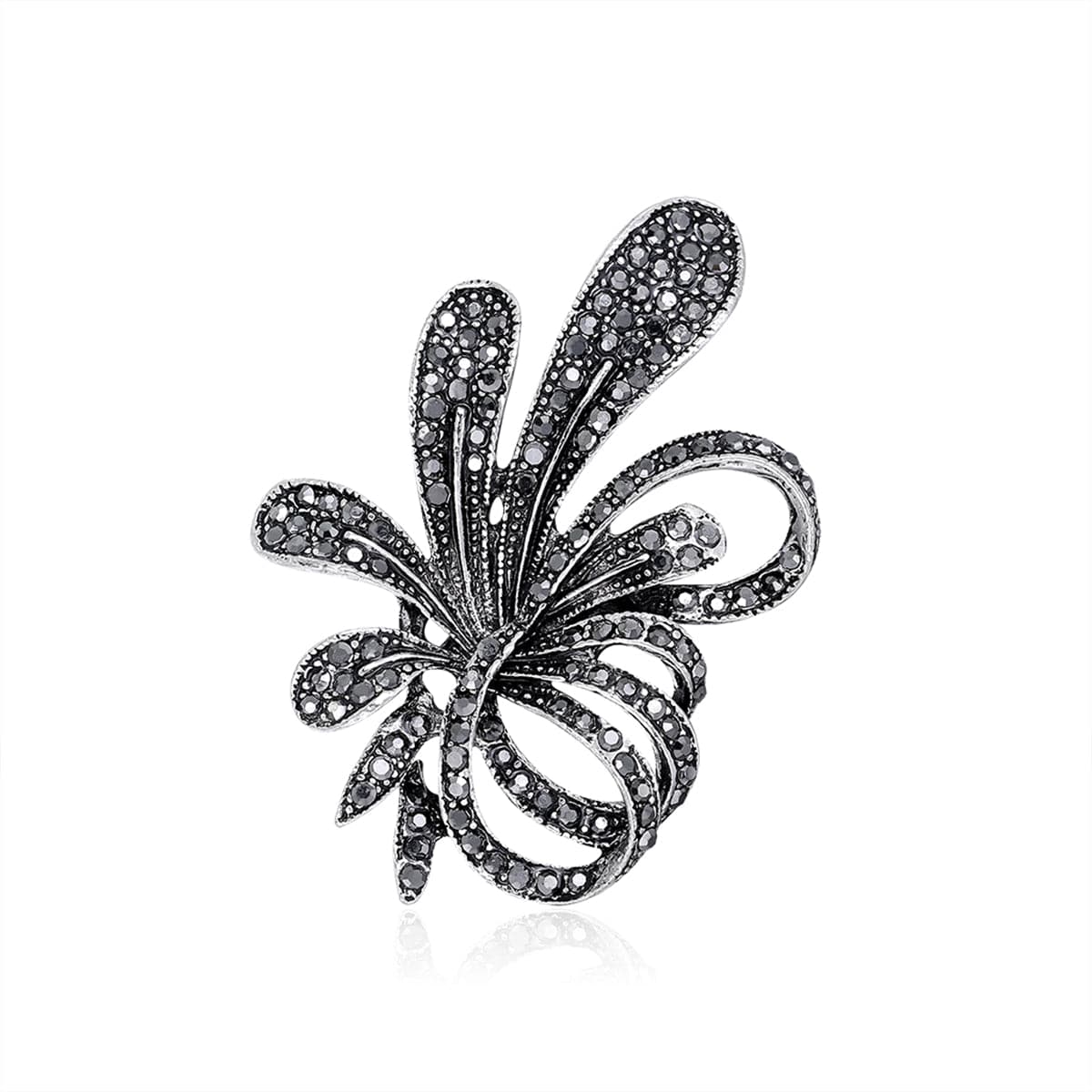 Black Cubic Zirconia and Silver-Plated Flower Brooch, silver brooch pin, elegant gift for her, detail close-up