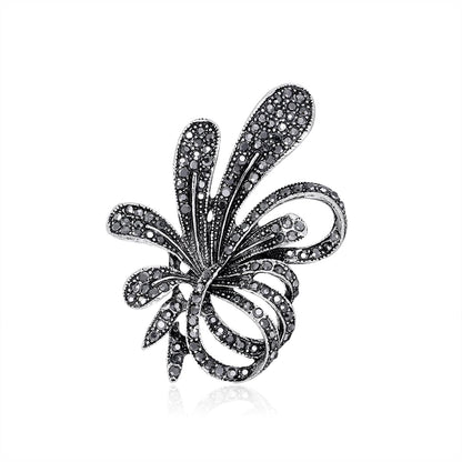 Black Cubic Zirconia and Silver-Plated Flower Brooch, silver brooch pin, elegant gift for her, detail close-up