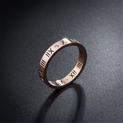 Cubic Zirconia and 18K Rose Gold-Plated Roman Numeral Band Ring, rose gold statement rings for women, side view