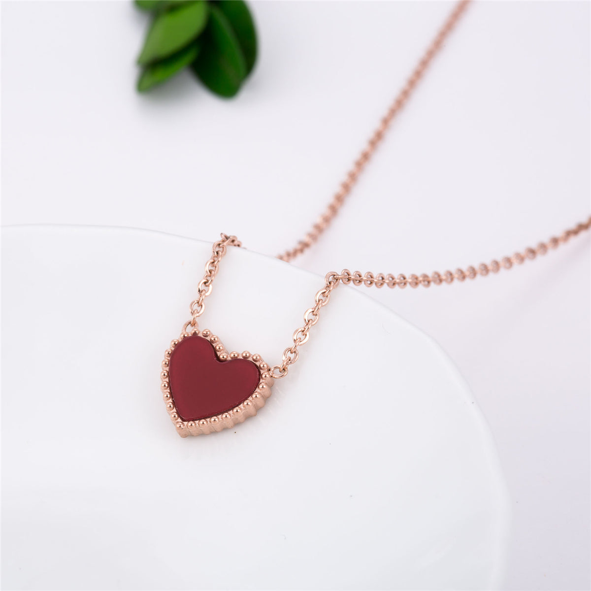 Red and 18K Rose Gold-Plated Heart Pendant Necklace, rose gold pendant necklace for women, everyday style, lifestyle look