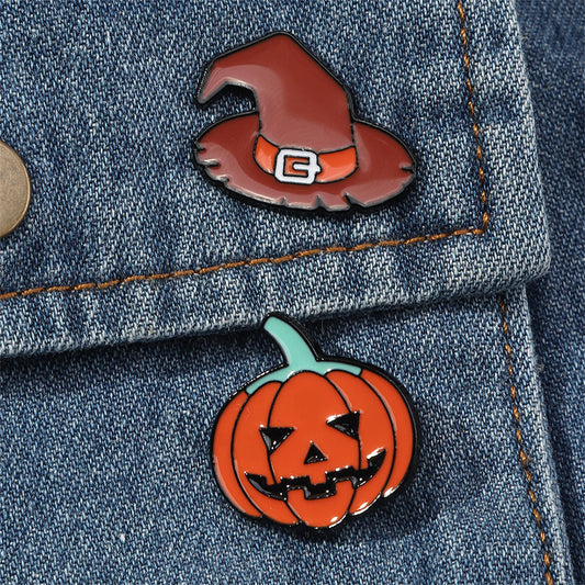 Enamel and Rhodium Plated Pumpkin Witch Hat Badge Set, brooch pin, elegant gift for her, front view