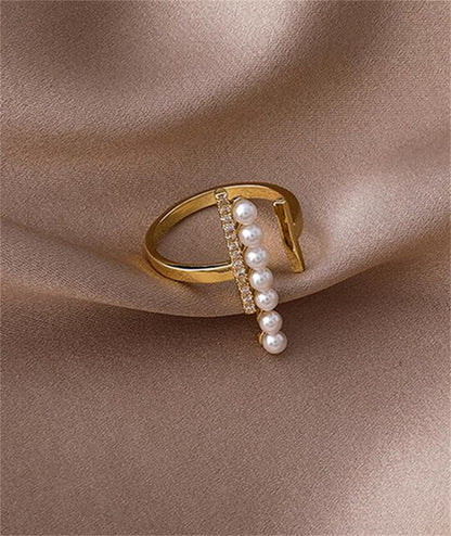 Pearl and Cubic Zirconia 18K Gold-Plated Bar Open Ring, gold statement rings for women, dainty minimalist design, front view