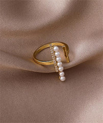 Pearl & Cubic Zirconia 18K Gold-Plated Bar Open Ring