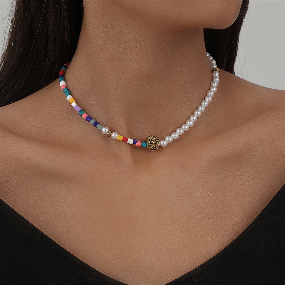 Pearl & Howlite 18K Gold-Plated Lion Beaded Choker Necklace