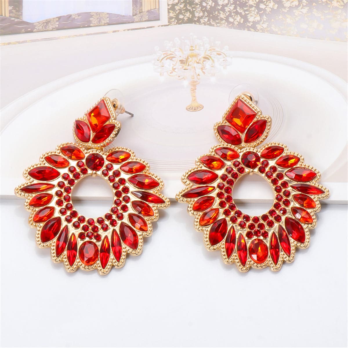 Red Crystal and Cubic Zirconia 18K Gold-Plated Geometric Drop Earrings, gold drop earrings for women, side view