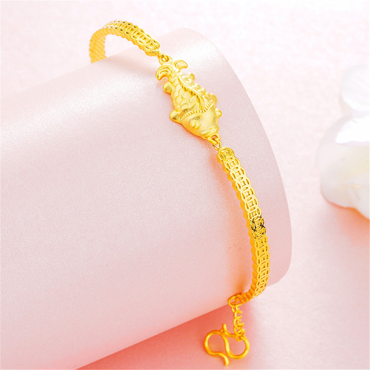 24K Gold-Plated Fish Charm Bracelet, gold bracelet for women, botanical inspired, detail close-up