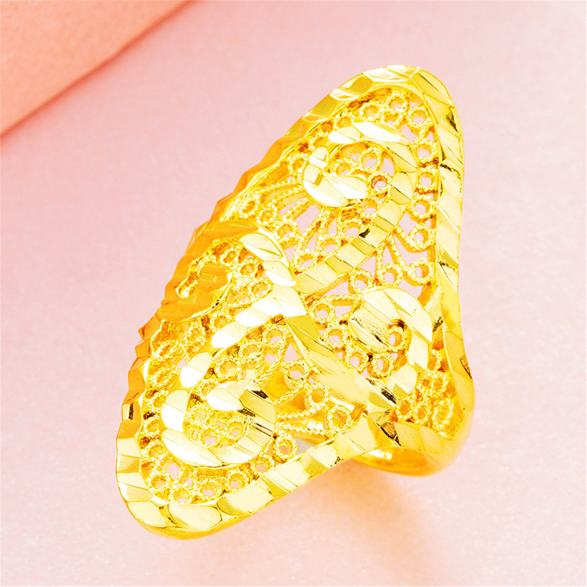 18K Gold-Plated Filigree Adjustable Bypass Ring, gold statement rings for women, elegant gift for her, side view