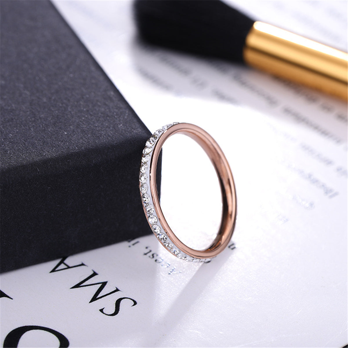 Cubic Zirconia and 18K Rose Gold-Plated Band, rose gold statement rings for women, everyday style, detail close-up
