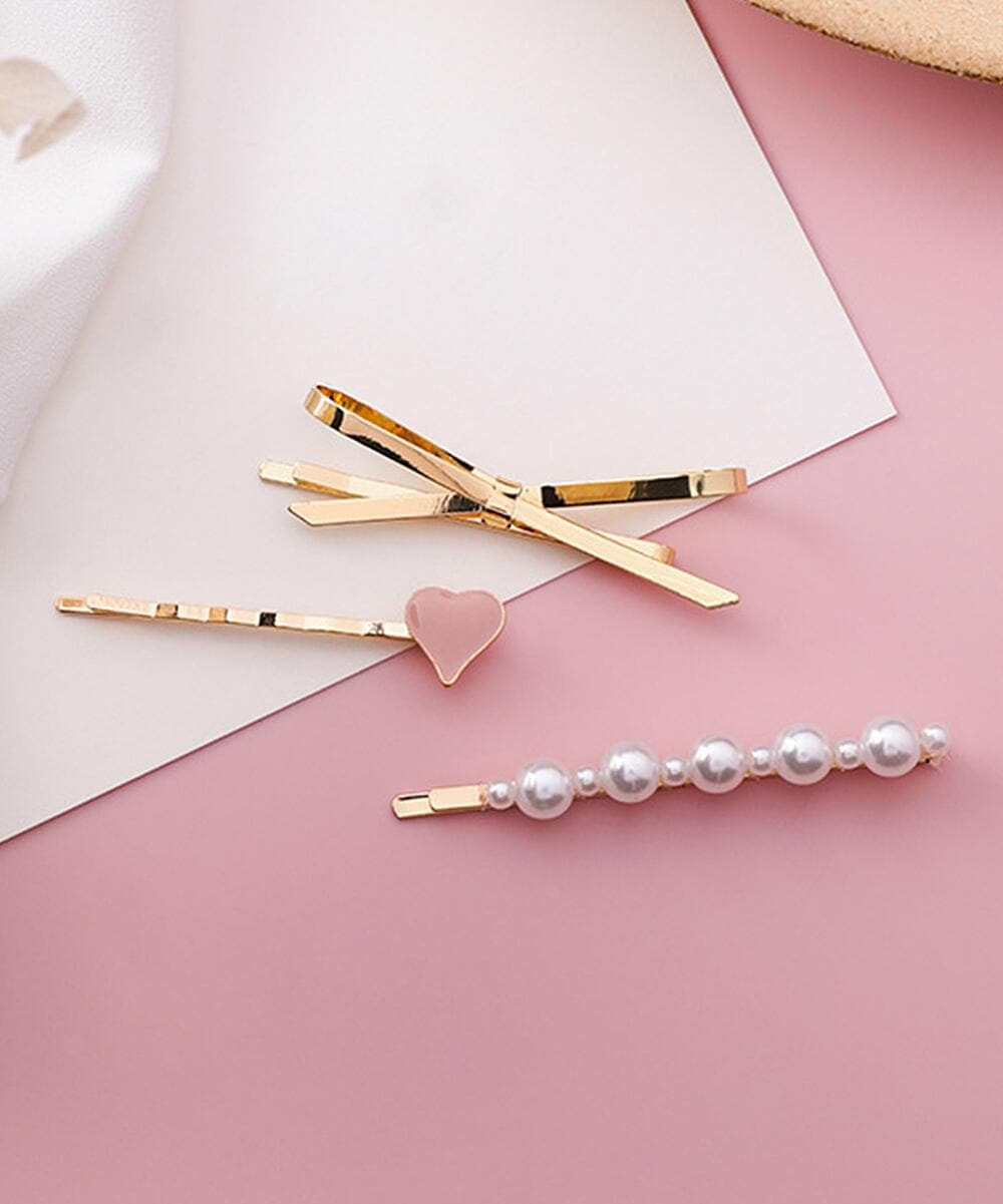 Pearl and Enamel 18K Gold-Plated Heart Bow Hair Clip Set, jewelry gift sets for women, everyday style, front view