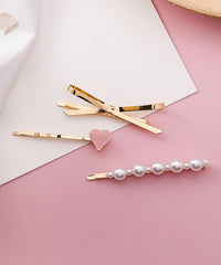 Pearl & Enamel 18K Gold-Plated Heart Bow Hair Clip Set