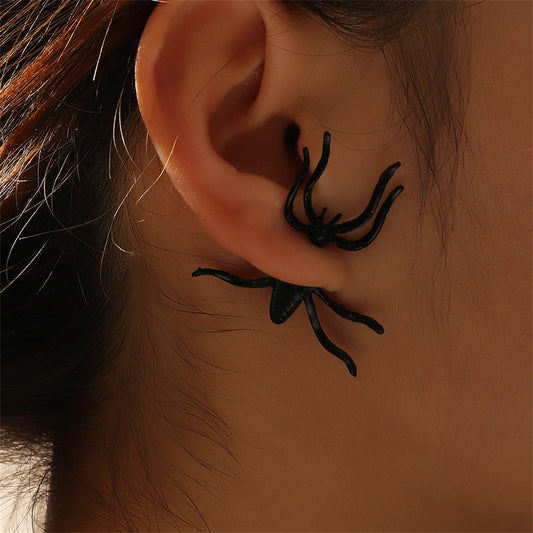 Black and Silver-Plated Spider Ear Jacket, silver stud earrings for women, elegant gift for her, front view