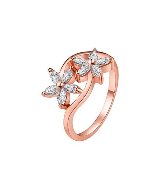 Crystal and 18K Rose Gold-Plated Double Clover Ring, rose gold statement rings for women, front view