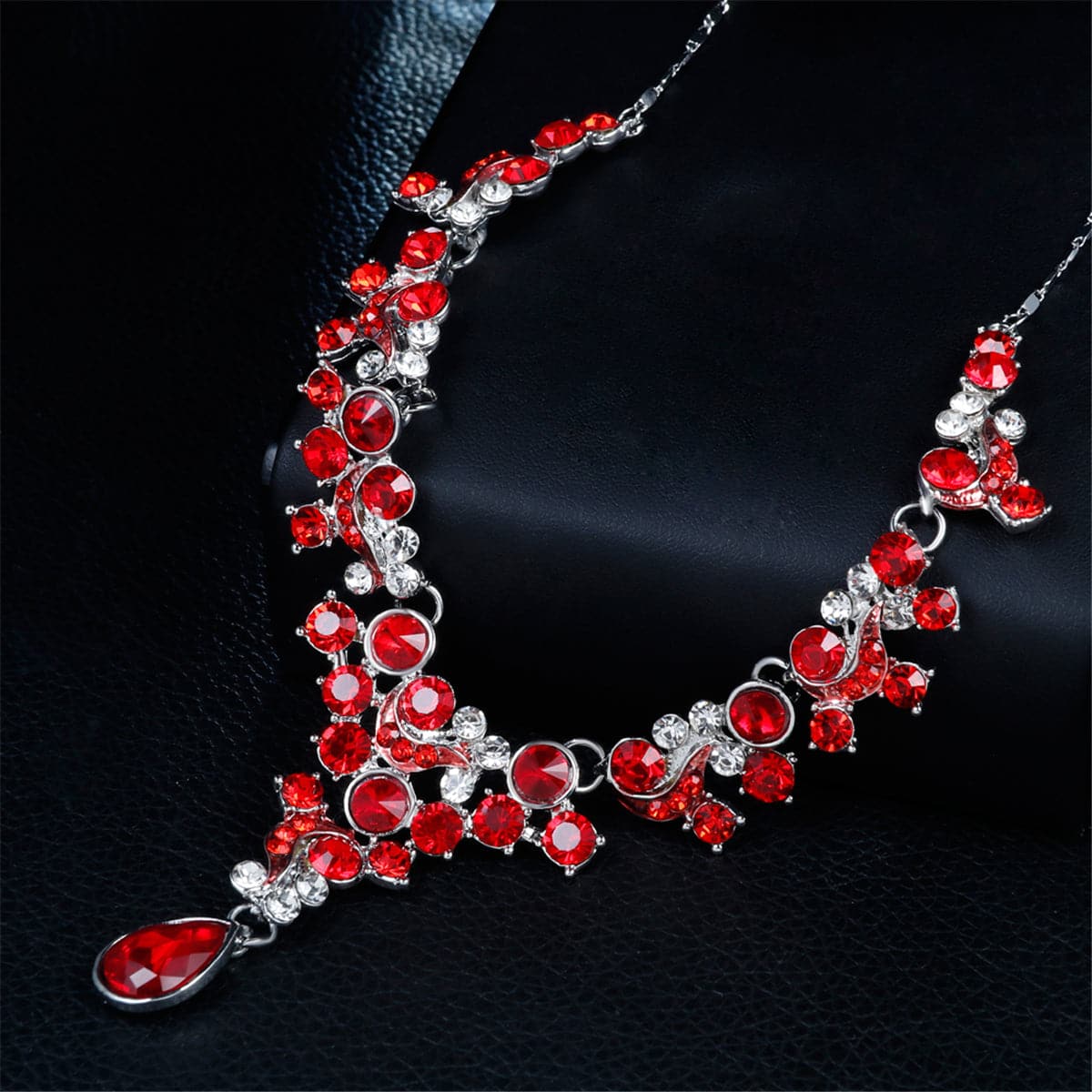 Red Crystal and Cubic Zirconia Flower Drop Earrings and Necklace Set, drop earrings for women, styled look