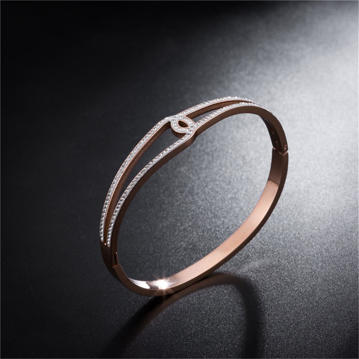 Cubic Zirconia and 18K Rose Gold-Plated Openwork Geometric Bangle, rose gold bangle bracelet, detail close-up