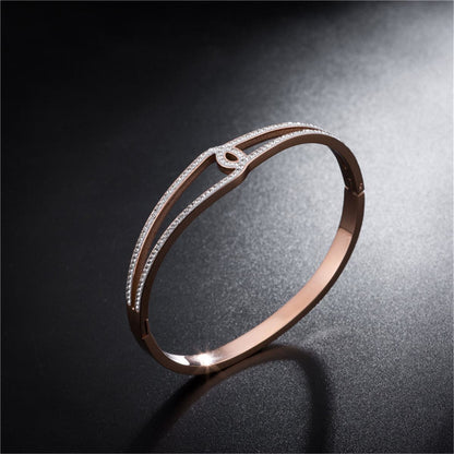 Cubic Zirconia and 18K Rose Gold-Plated Openwork Geometric Bangle, rose gold bangle bracelet, detail close-up
