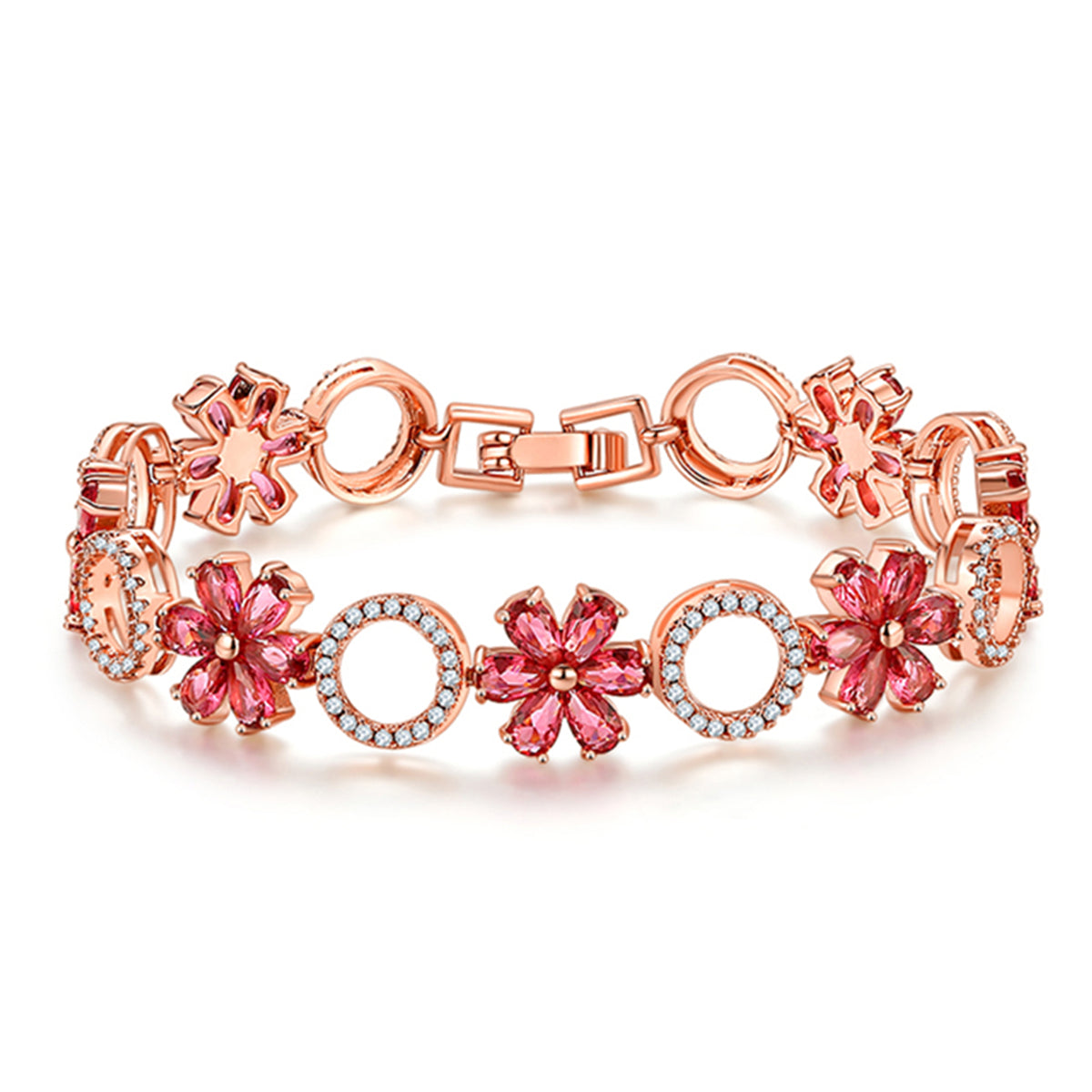 Red Crystal and Cubic Zirconia Flower-Link Bracelet, bracelet for women, elegant gift for her, front view
