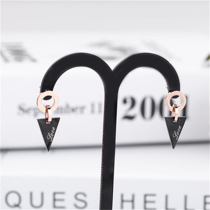 Black and 18K Rose Gold-Plated 'Love' Triangle Drop Earrings, rose gold drop earrings for women, detail close-up