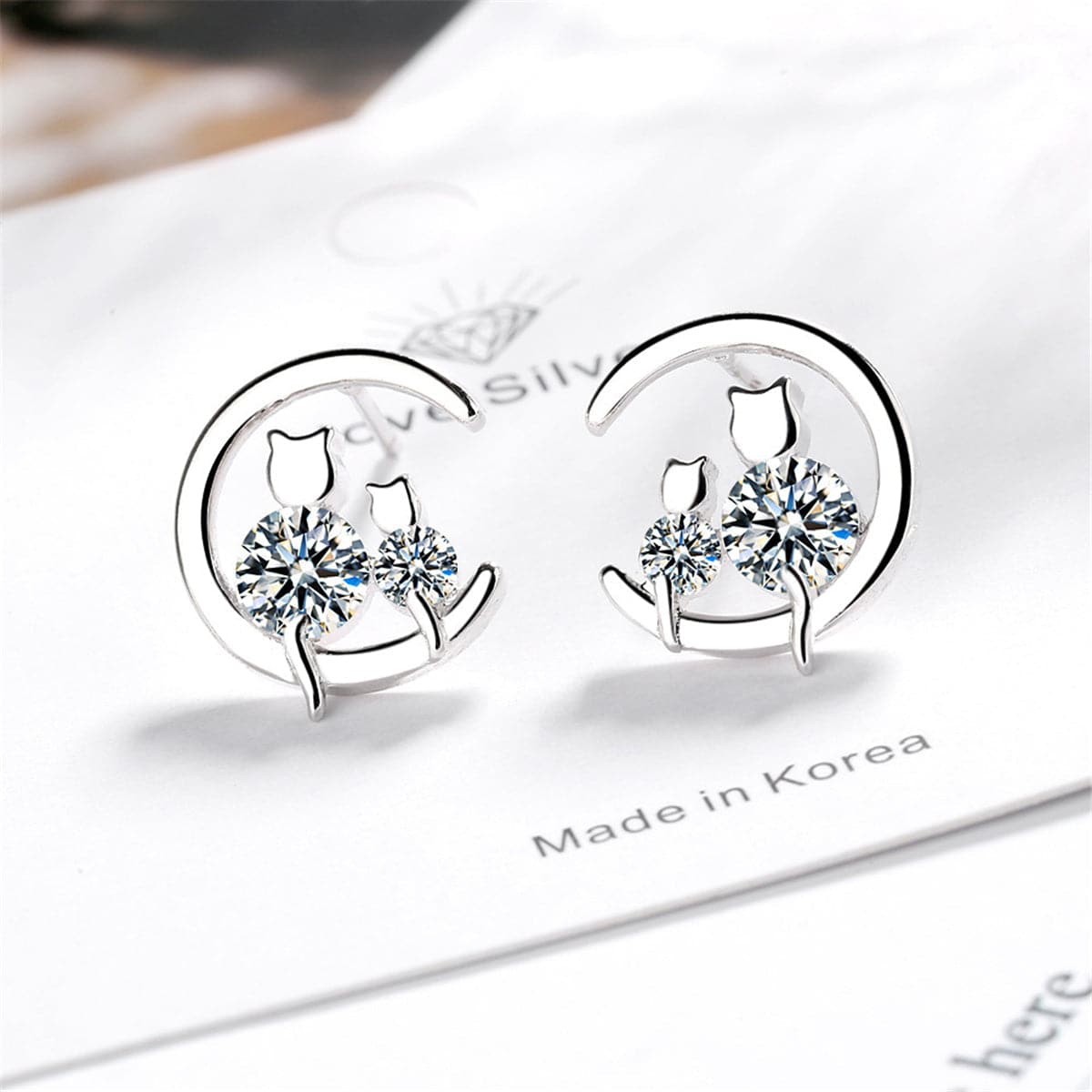 Cubic Zirconia & Silver-Plated Cat & Moon Stud Earrings
