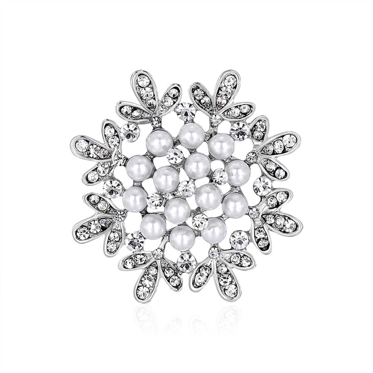 Clear Cubic Zirconia and Pearl Silver-Plated Flower Brooch, silver brooch pin, elegant gift for her, lifestyle look