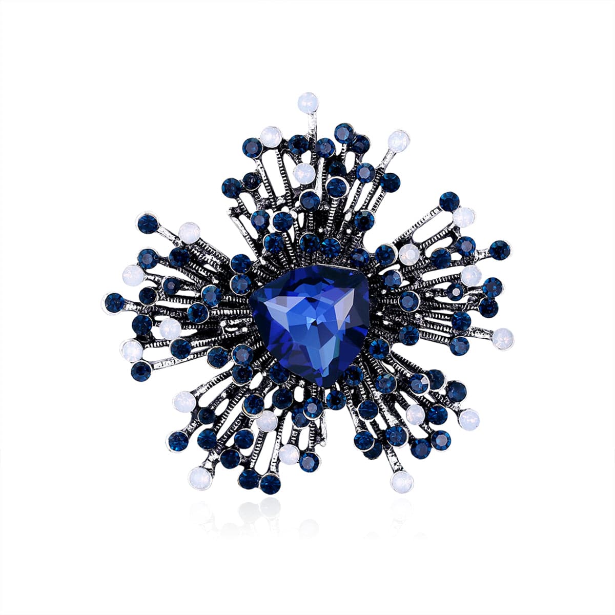 Blue Cubic Zirconia and Silver-Plated Flower Brooch, silver brooch pin, vintage-inspired design, detail close-up