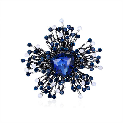 Blue Cubic Zirconia and Silver-Plated Flower Brooch, silver brooch pin, vintage-inspired design, detail close-up