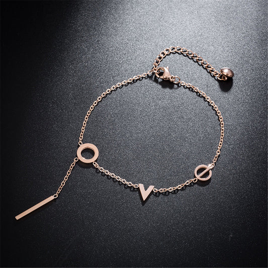 18K Rose Gold-Plated 'Love' Anklet, rose gold anklet bracelet, botanical inspired, front view