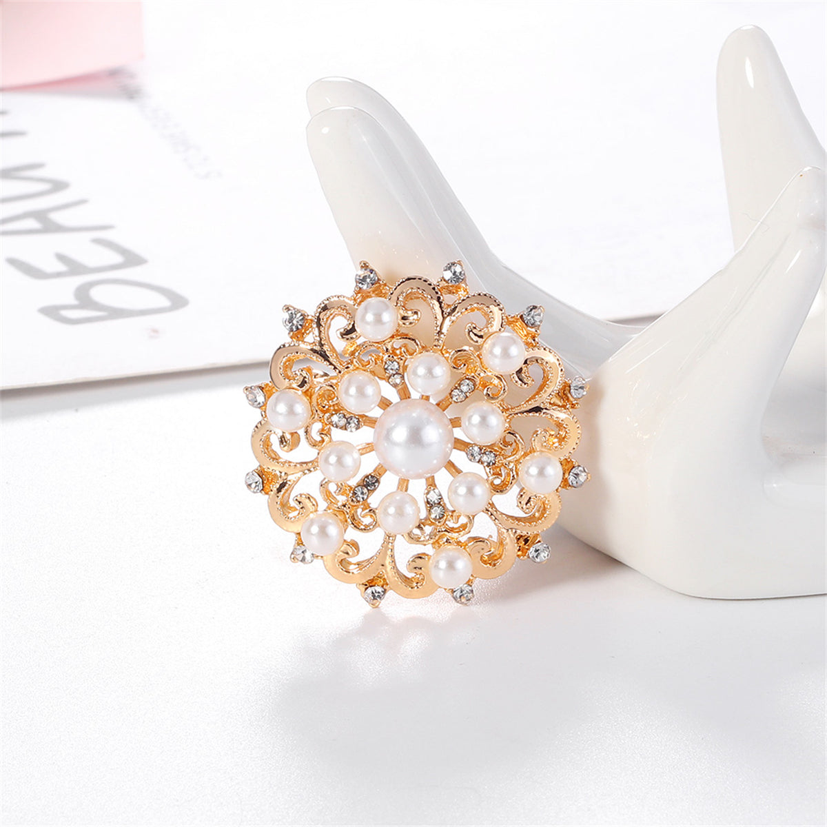 Clear Cubic Zirconia and Pearl 18K Gold-Plated Round Floral Brooch, gold brooch pin, botanical inspired, lifestyle look