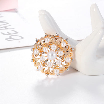 Clear Cubic Zirconia and Pearl 18K Gold-Plated Round Floral Brooch, gold brooch pin, botanical inspired, lifestyle look