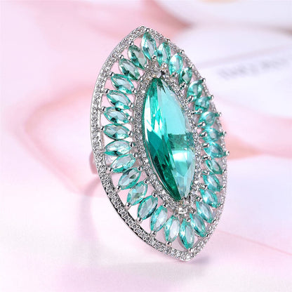 Green Crystal and Cubic Zirconia Pear Statement Ring, statement rings for women, botanical inspired, front view