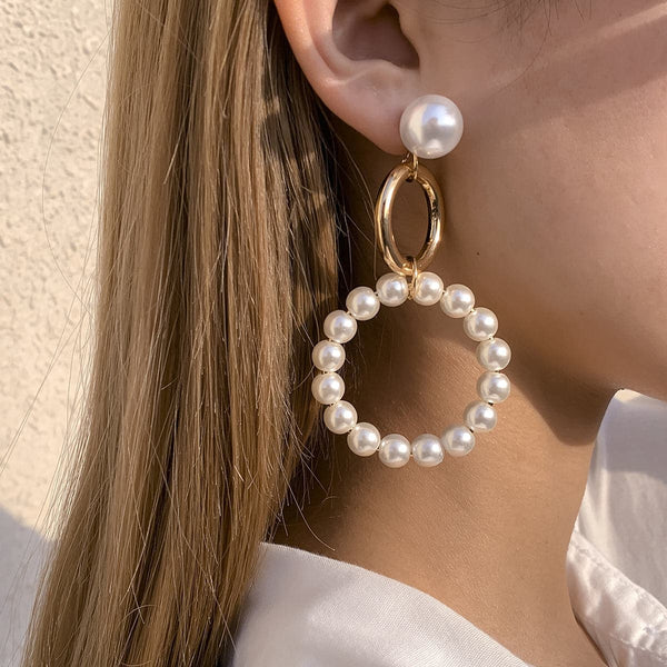Imitation Pearl & Goldtone Linked Hoop Drop Earrings