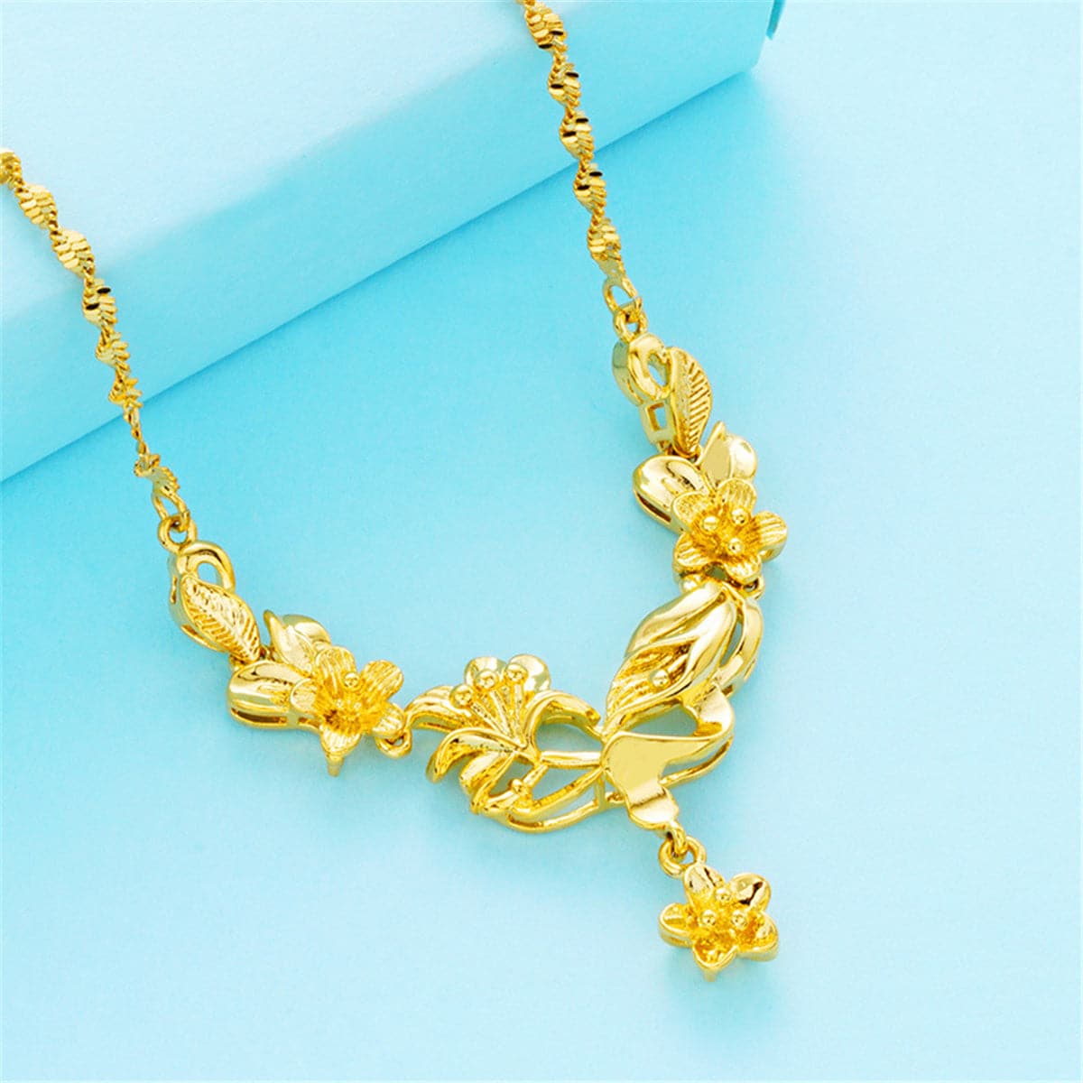 18K Gold-Plated Flower Statement Necklace, gold pendant necklace for women, elegant gift for her, front view