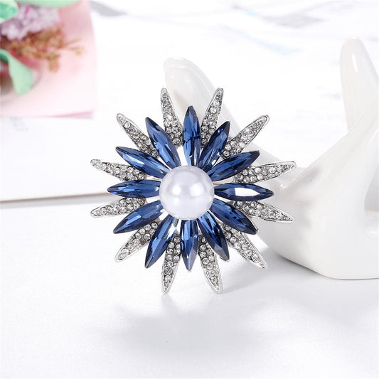 Blue Crystal and Cubic Zirconia Pearl Silver-Plated Flower Brooch, silver brooch pin, everyday style, front view