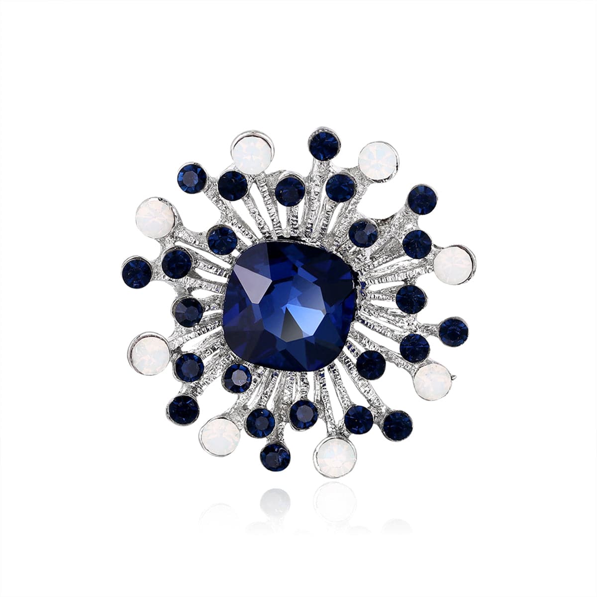 Blue Cubic Zirconia and Silver-Plated Flower Brooch, silver brooch pin, everyday style, detail close-up