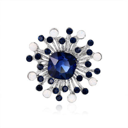 Blue Cubic Zirconia and Silver-Plated Flower Brooch, silver brooch pin, everyday style, detail close-up