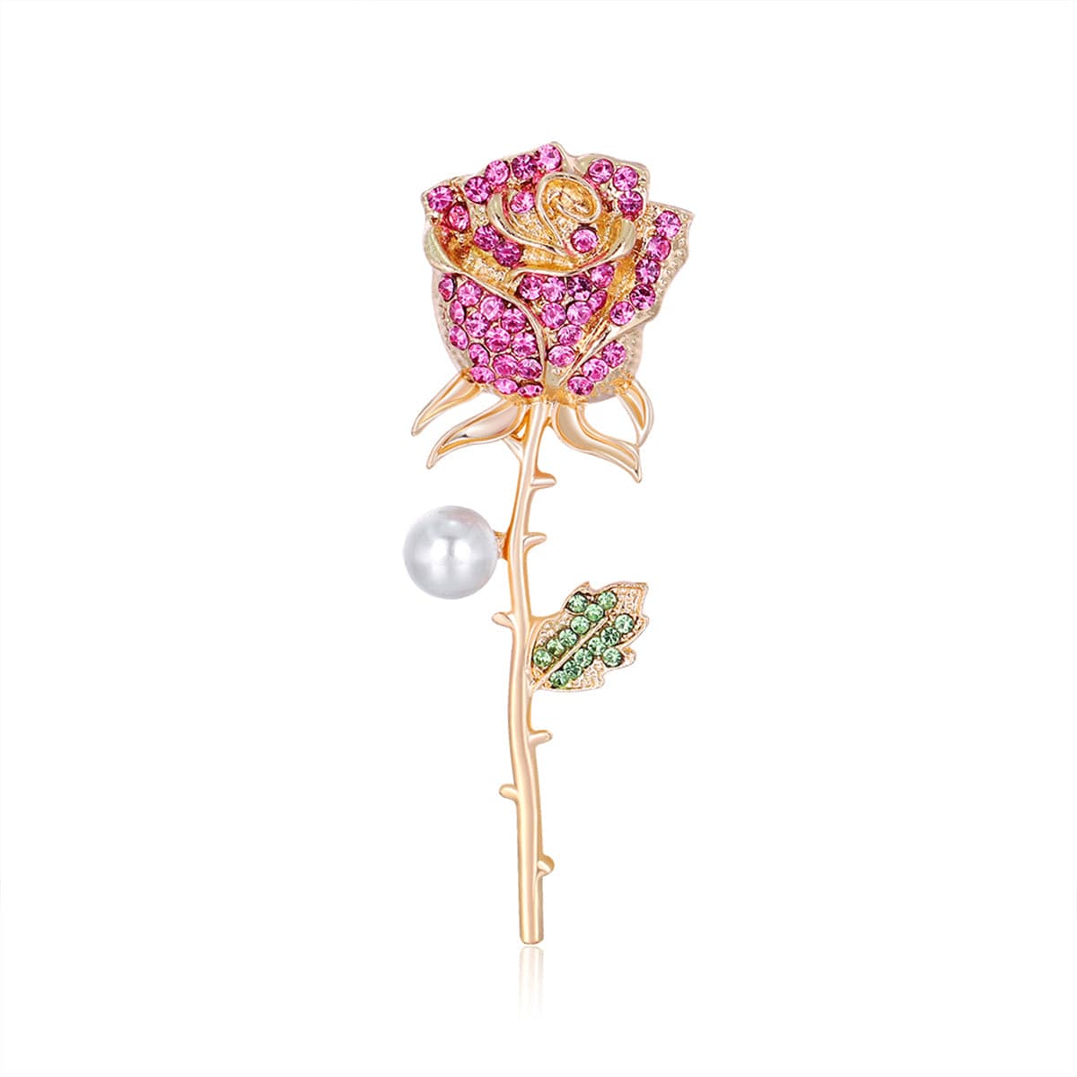 Pink Cubic Zirconia and Pearl Rose Brooch, brooch pin, botanical inspired, side view