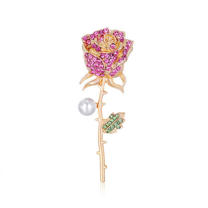 Pink Cubic Zirconia and Pearl Rose Brooch, brooch pin, botanical inspired, side view