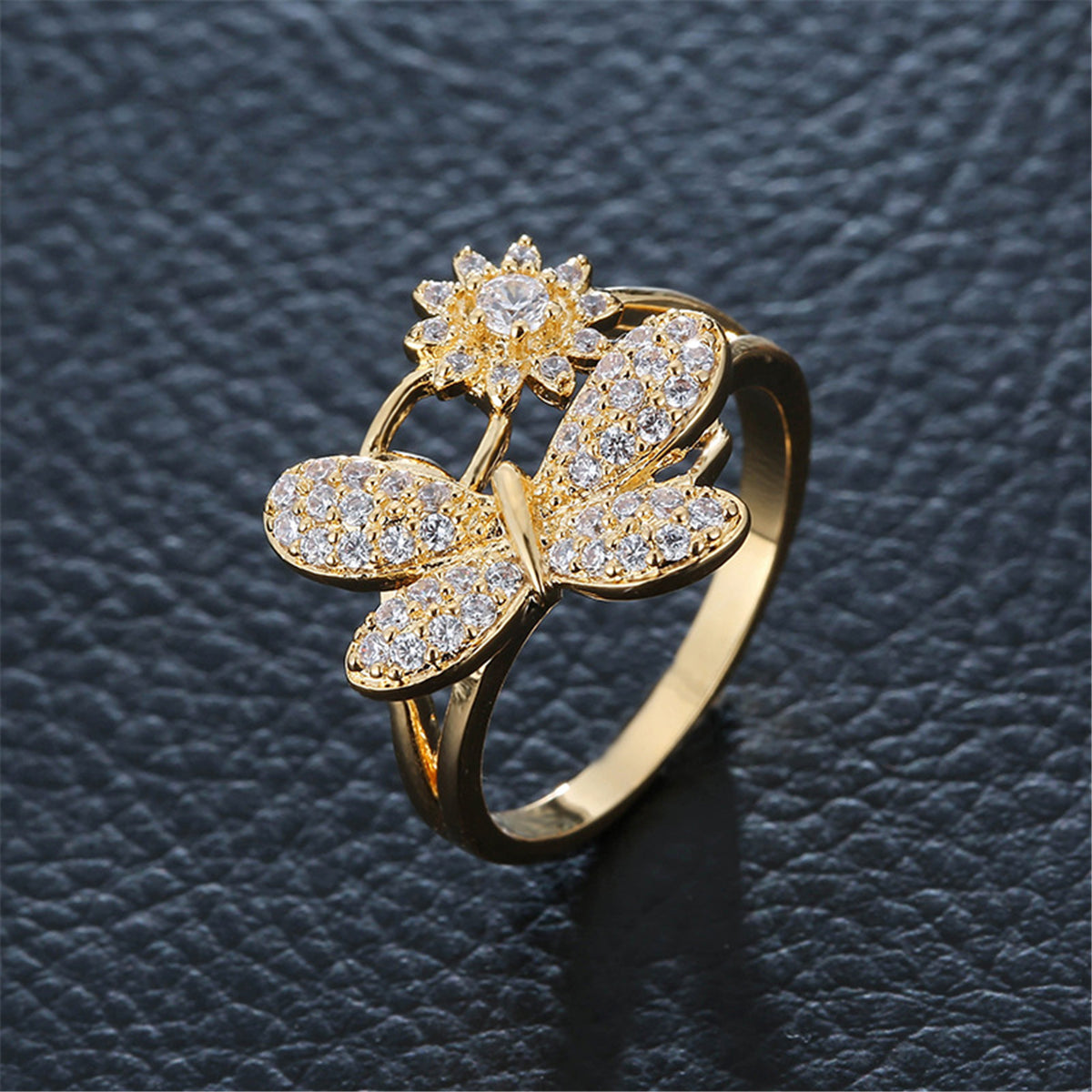 Cubic Zirconia and Gold-Plated Dragonfly Ring, gold statement rings for women, botanical inspired, front view