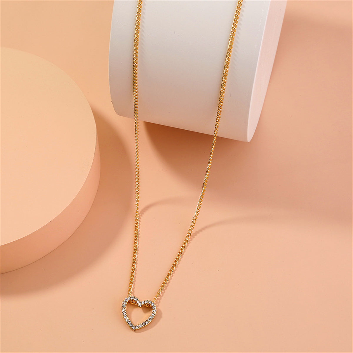 Cubic Zirconia and 18K Gold-Plated Open Heart Pendant Necklace, gold pendant necklace for women, detail close-up