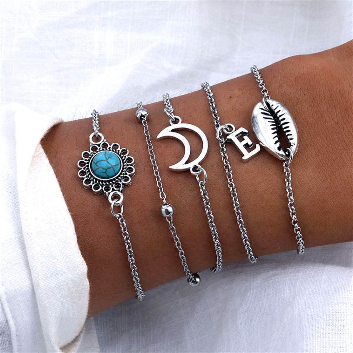 Turquoise and Silver-Plated Shell and Moon Bracelet Set, jewelry gift sets for women, elegant gift for her, side view