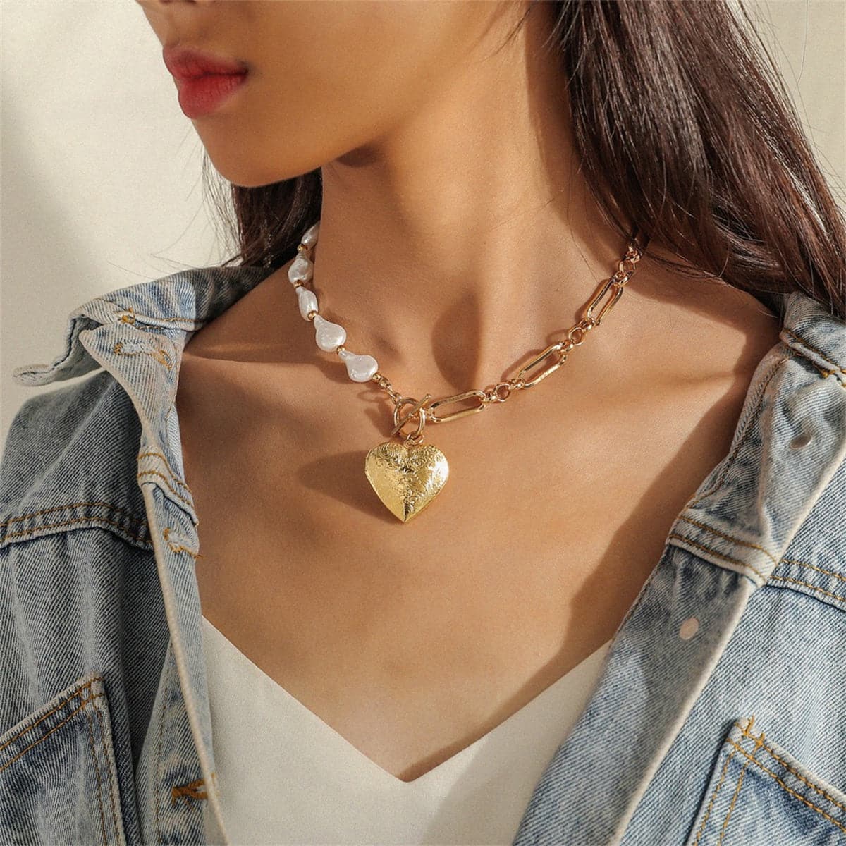 Pearl and 18K Gold-Plated Heart Pendant Necklace, gold pendant necklace for women, everyday style, front view
