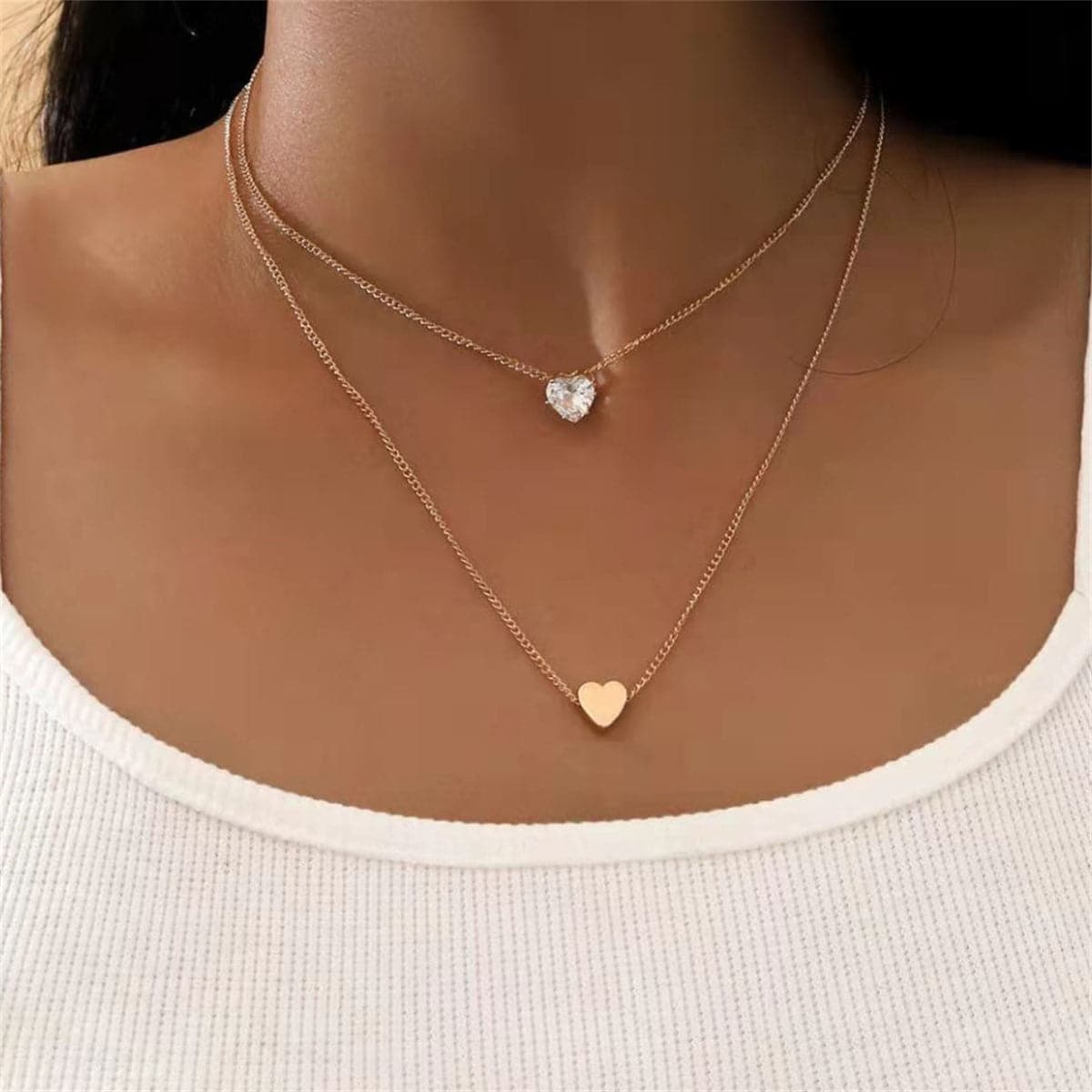 Cubic Zirconia and 18K Gold-Plated Heart Double Pendant Necklace, gold pendant necklace for women, side view