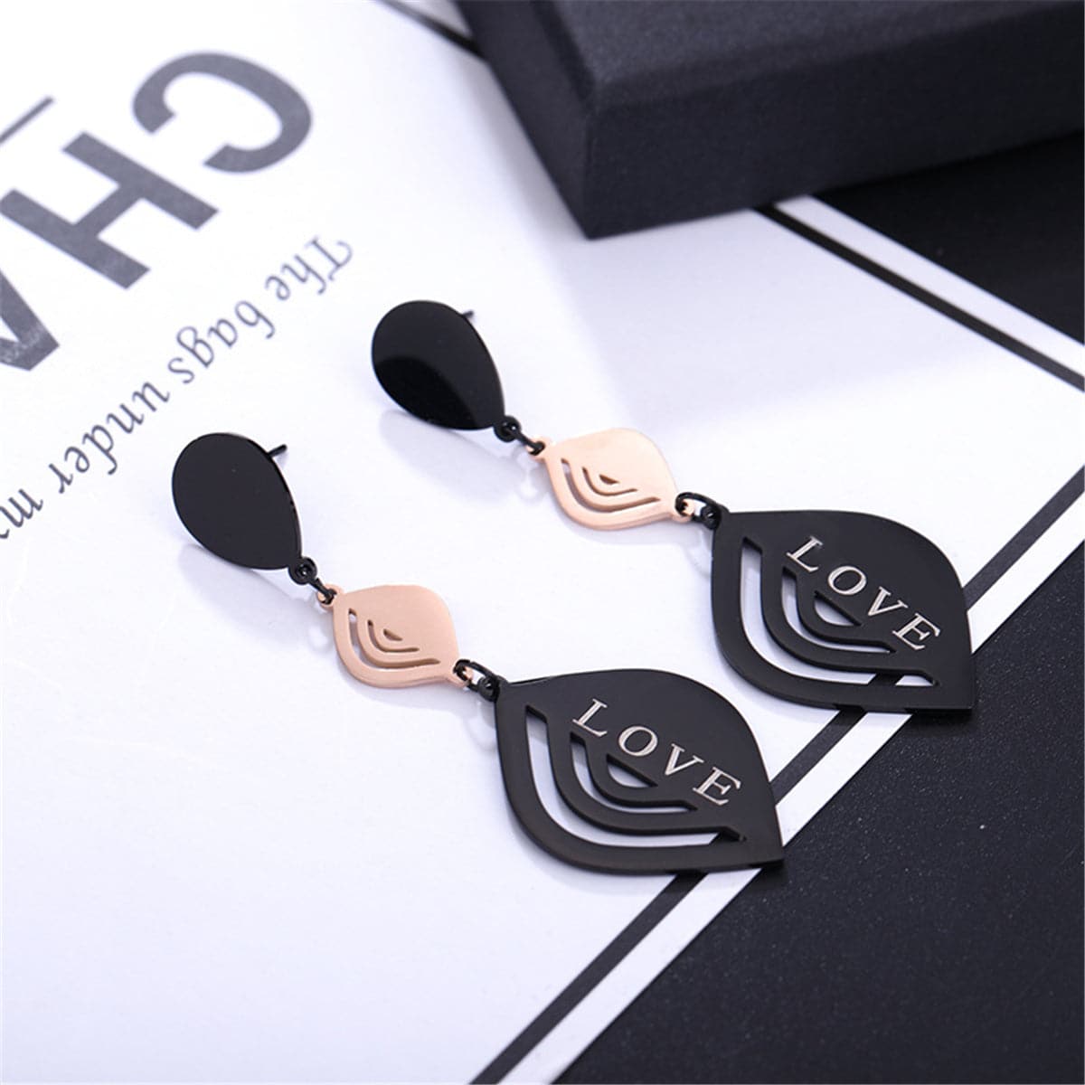 18K Rose Gold-Plated and Black 'Love' Laurel Drop Earrings, rose gold drop earrings for women, detail close-up
