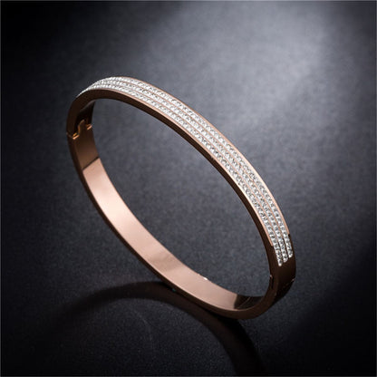 Cubic Zirconia and 18K Rose Gold-Plated Pavé-Set Layer Bangle, rose gold bangle bracelet, front view