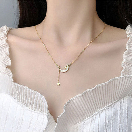 White Enamel and 18K Gold-Plated Moon Star Pendant Necklace, gold pendant necklace for women, botanical inspired, front view