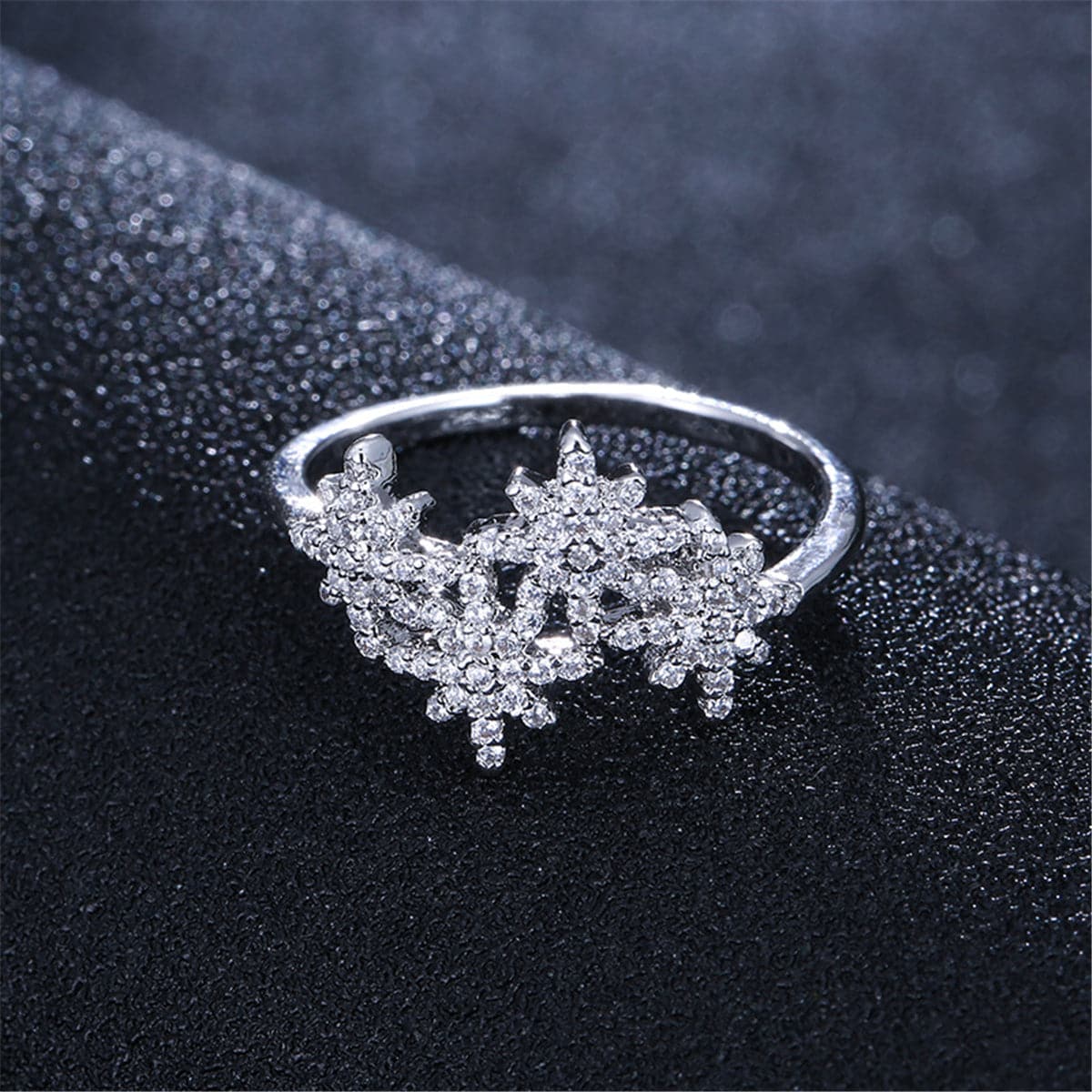 Cubic Zirconia and Silver-Plated Snowflake Ring, silver statement rings for women, everyday style, front view